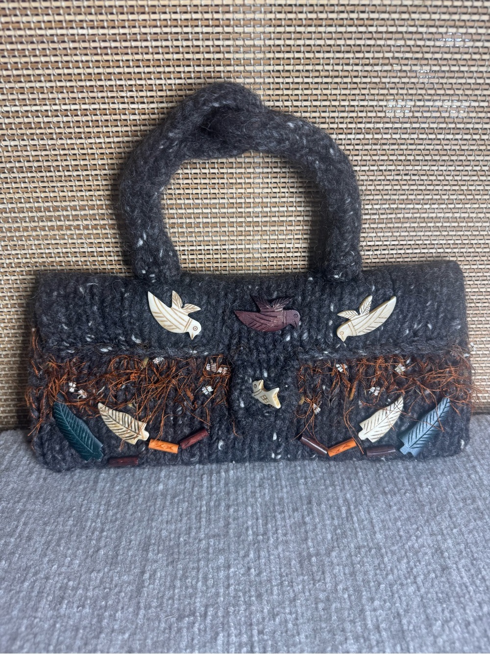 Whimsical Bohemian Handmade Textured Yarn Purse‎ w/Bird & Feather Embellishments